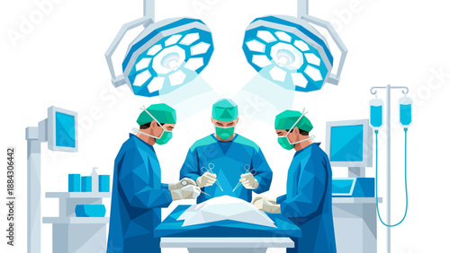 Low poly surgery scene with doctors in operating room
