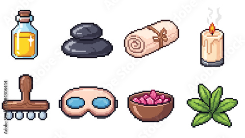 Pixel spa essentials: massage stones, candles, and relaxation accessories