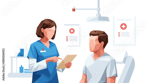Medical consultation in geometric style: doctor and patient interaction in a modern clinic