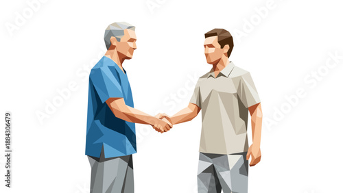 Low poly art of two people shaking hands in business attire on white background