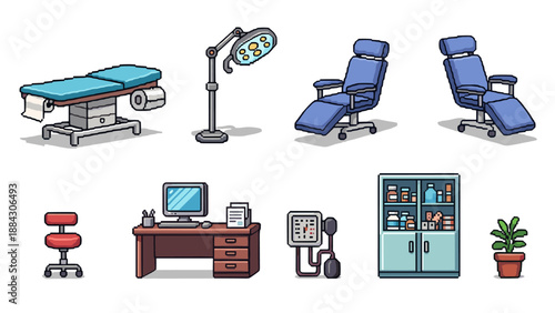 Pixel art medical office: examination tables, equipment, and furniture elements