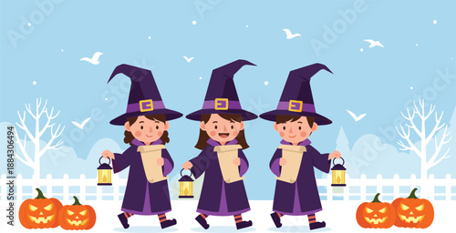 Three cute children wearing wizard or witch costumes carrying lanterns and scrolls, walking through a winter landscape with Halloween pumpkins, vector.