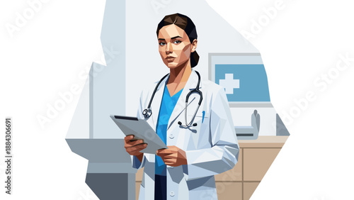 Geometric style doctor in hospital setting with stethoscope and digital tablet