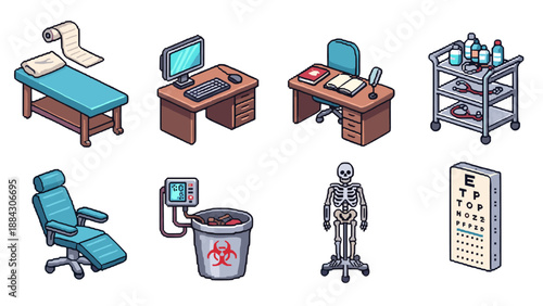 Pixel art medical office elements: equipment, furniture, and tools for healthcare settings