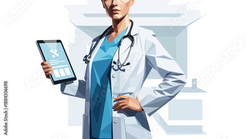 Confident healthcare professional holding tablet in modern clinic setting