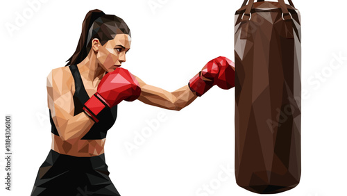 Polygonal woman boxing with punching bag in sportswear
