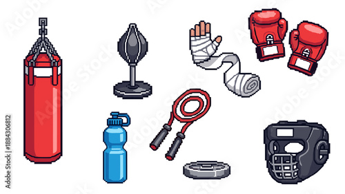 Retro pixel art boxing gear collection for fitness and training inspiration