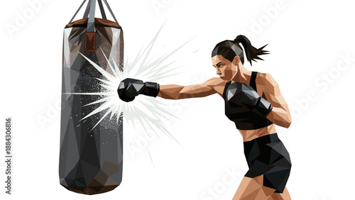 Low poly art of female boxer punching bag with dynamic energy