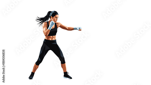 Polygonal female boxer in action pose on white background