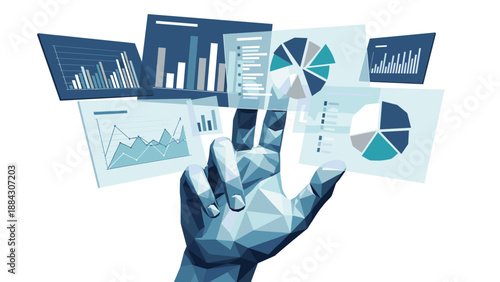 Futuristic polygonal hand interacting with digital data analytics interface