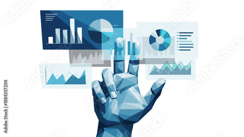 Geometric low poly hand interacting with transparent data graphs in isometric design