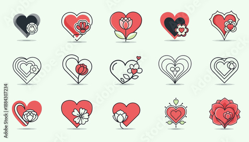 A collection of stylized heart icons with floral and abstract designs, featuring red, black, and outline variations, suitable for love and romance themes.