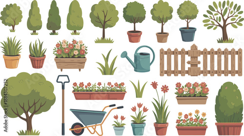Hand drawn garden elements collection with potted plants, trees, flowers, tools, fences, decorative nature objects, botanical illustration set