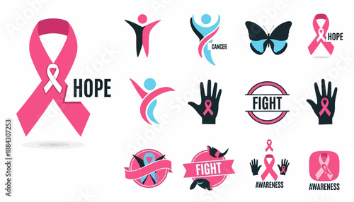 A collection of breast cancer awareness logos and icons featuring pink ribbons, hope, and fight symbols.