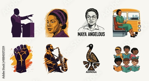 Illustrations celebrating Black history and culture featuring civil rights leaders, artists, and symbols of empowerment and education.