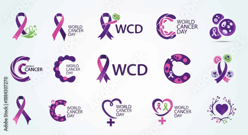 Collection of World Cancer Day logos and awareness ribbon designs in purple and pink, featuring various symbols for cancer support and solidarity.