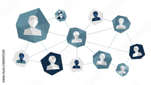 Abstract network of low poly human figures in connected geometric shapes