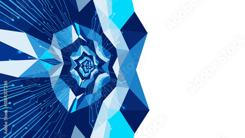 Futuristic abstract geometric design with blue polygonal patterns and circuit elements