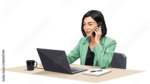 Geometric art of a woman working on a laptop while on a phone call