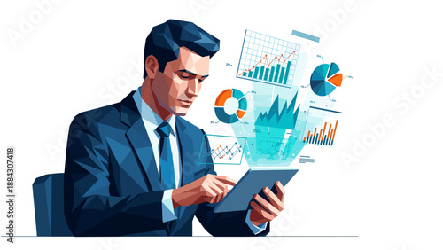 Businessman analyzing data on tablet with futuristic graphs and charts displayed