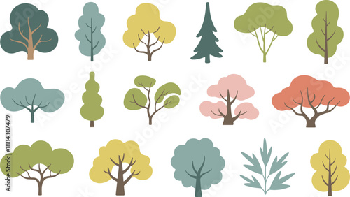 Minimal flat tree icons collection, colorful stylized plants and trees set, modern botanical illustrations for landscape, nature design
