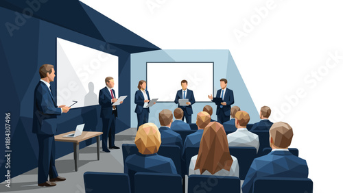 Geometric business presentation in modern conference room setting