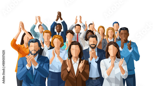 Diverse group of professionals clapping in a geometric style