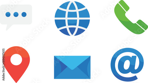 Modern communication icons set including chat bubble, globe, phone, location pin, email envelope, at symbol, digital contact interface design