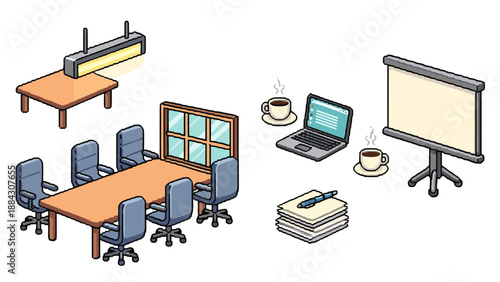 Cozy office workspace interior with meeting room and coffee break setup in isometric design