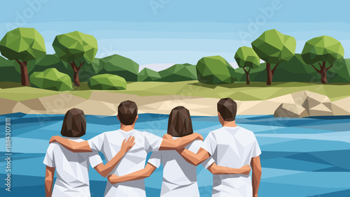 Low poly friends embracing by the lake with scenic nature background