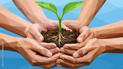 Low poly design of multiple hands supporting a growing plant against blue background
