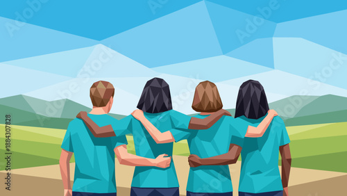 Unity and friendship in low poly art: four friends embracing outdoors