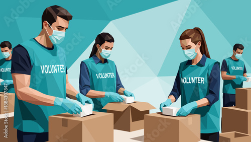 Volunteers wearing masks packing boxes in low poly art style