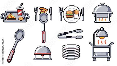 Pixel art food and kitchen utensils: pizza, burger, and cooking tools