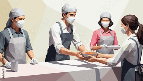 Low polygon soup kitchen volunteers serving meals in geometric style