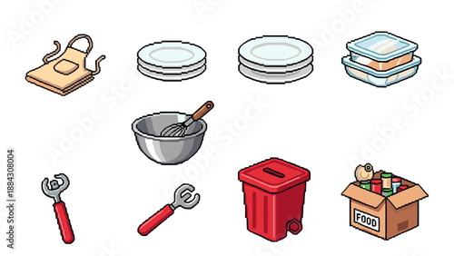 Pixel art kitchen items: apron, plates, tools, bin, and food box essentials