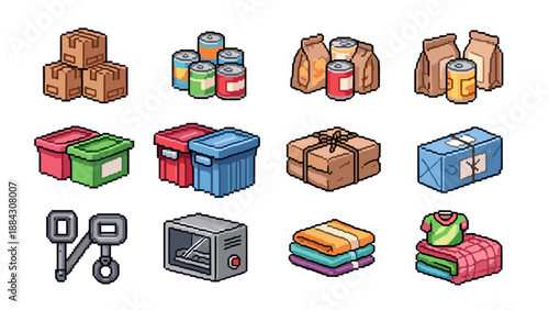 Pixelated isometric icons of storage and packaging items for inventory and logistics