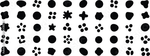 Abstract black organic shape collection isolated on white background featuring blobs, dots, rounded forms, minimal geometric elements for modern graphic design, branding, patterns, textures