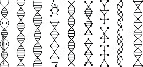 Abstract DNA helix set of molecular genetics icons, black and white vector illustrations for biotechnology, science research, medical design, infographic elements, modern minimal laboratory branding