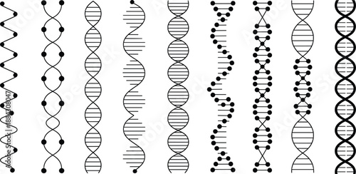 Black and white DNA double helix icon set isolated on white background illustrating genetics, molecular biology, biotechnology symbols for medical research, education, infographic design