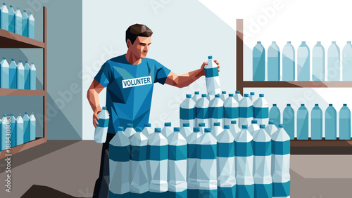 Volunteer organizing bottled water in low poly style for community relief effort