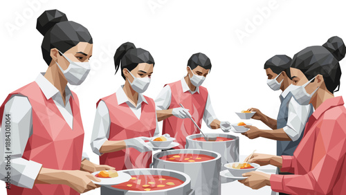 Volunteers in low poly art style serving food wearing masks