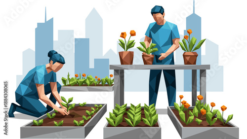 Geometric urban gardening scene with two people planting and tending