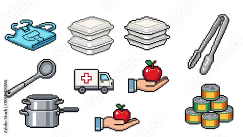 Pixel art icons of kitchenware, food, healthcare, and delivery essentials