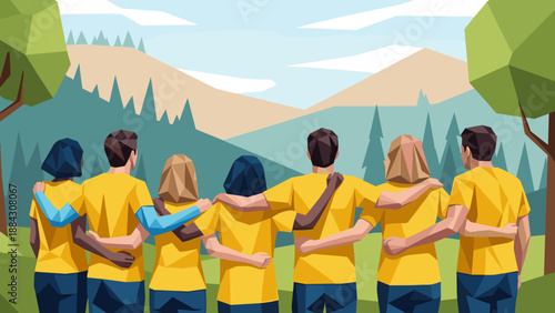 Group unity in nature: polygon art of friends embracing in scenic landscape