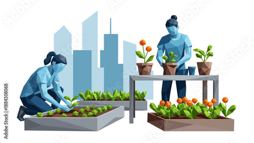 Low poly urban gardening scene with people planting and tending plants