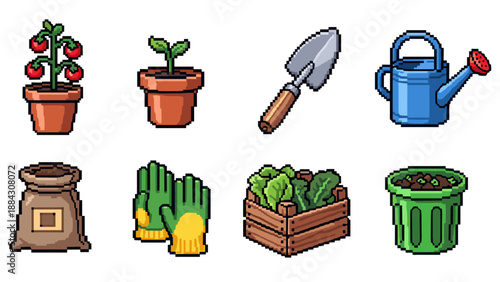 Pixel art gardening tools and plants collection with retro charm