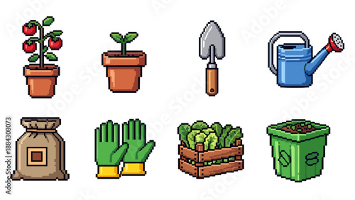 Pixel art gardening tools and plants icons set for digital use