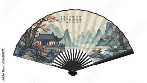 Traditional chinese fan with landscape art featuring mountains and pagoda scenery