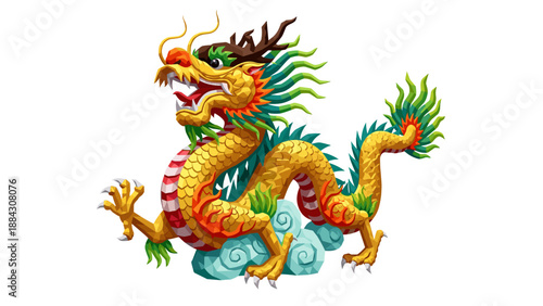 Colorful geometric dragon with vibrant scales and dynamic pose on white background